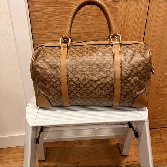 CELINE Macadam Leather & PVC Boston Bag Brown Authentic - Picture 4 of 14